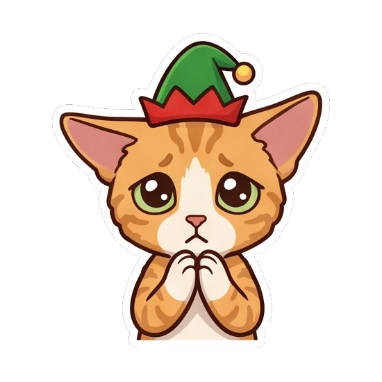 Ginger cat wearing an elf hat looking sad and pleading Ginger Cat Holiday Joy sticker for expressive chats and social replies.