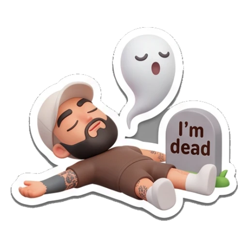 Man lying on the ground with a tombstone, text 'I'm dead' Gym Bro Daily Life sticker for expressive chats and social replies.