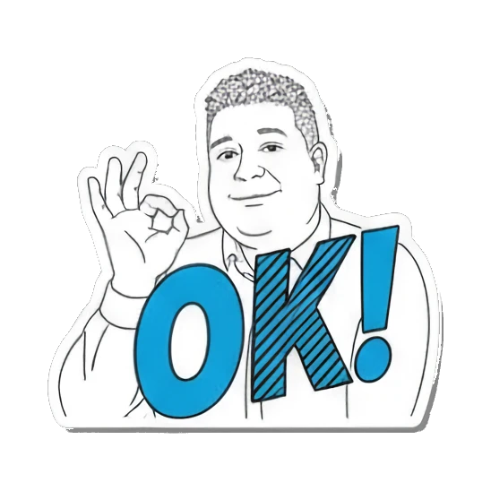 Man making OK gesture with blue OK text Office Guy Daily Vibes sticker for expressive chats and social replies.