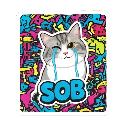 Crying cat with blue tears and SOB text Retro Graffiti Cat Vibes sticker for expressive chats and social replies.