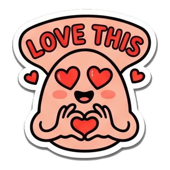 Loving egg character with heart eyes and hands forming a heart with text LOVE THIS. Egg-cellent Moods sticker for expressive chats and social replies.
