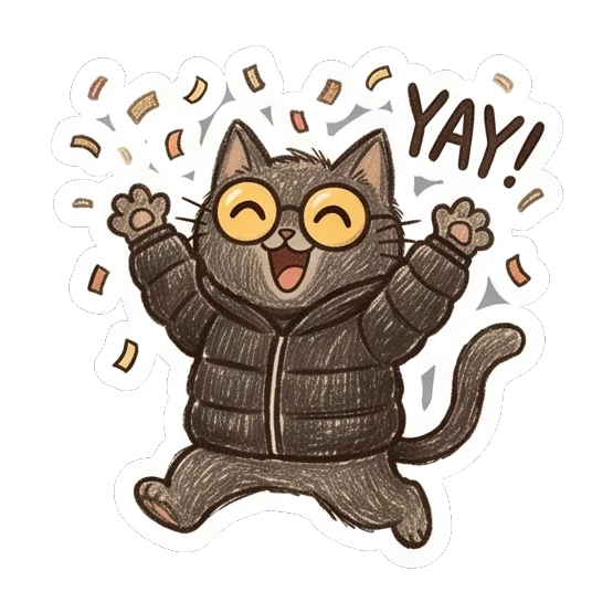 Happy cat jumping with confetti and text YAY. Furry Doodle Cat Daily sticker for expressive chats and social replies.
