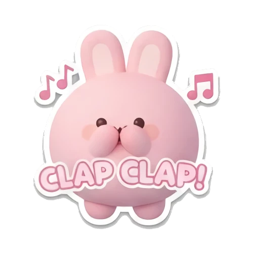 Pink bunny clapping hands with CLAP CLAP text. Pink Bunny Daily Moods sticker for expressive chats and social replies.
