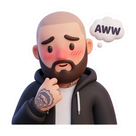Bearded man blushing with shy expression, text AWW Bearded Guy Daily Vibes sticker for expressive chats and social replies.