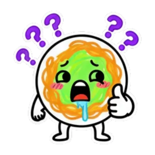角色头顶问号表示疑惑。 Cute Foodie Expressions sticker for expressive chats and social replies.