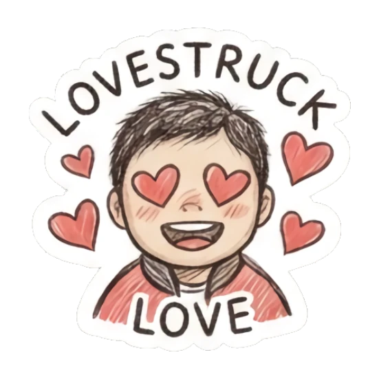 Lovestruck boy with heart eyes and text LOVESTRUCK. Little Boy Doodle Expressions sticker for expressive chats and social replies.