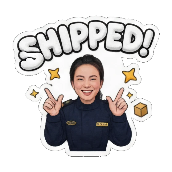 Woman joyful, pointing upwards, indicating "SHIPPED!". Delivery Dispatcher's Diary sticker for expressive chats and social replies.