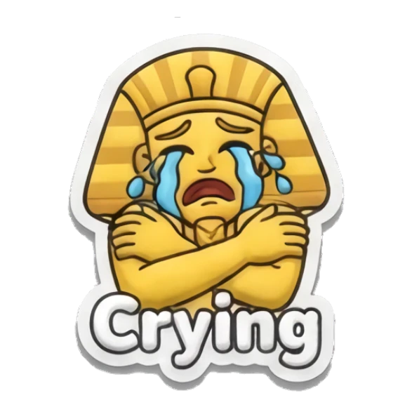 Sad pharaoh crying with arms crossed and Crying text Golden Pharaoh Vibes sticker for expressive chats and social replies.