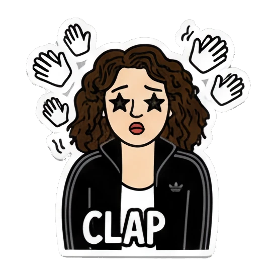 Curly-haired girl with star eyes clapping with text CLAP Curly Hair Girl Daily Vibes sticker for expressive chats and social replies.