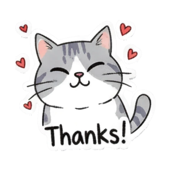 Grateful gray cat smiling with hearts and text Thanks! Playful Gray Tabby Diary sticker for expressive chats and social replies.