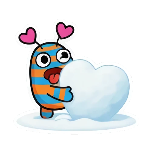 Monster holding a large snow heart, text SHOCKED! Striped Monster Winter Fun sticker for expressive chats and social replies.