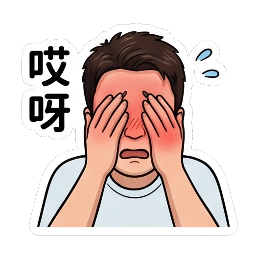 Man covering face with hands in embarrassment, text '哎呀' Everyday Life of a Friendly Guy sticker for expressive chats and social replies.