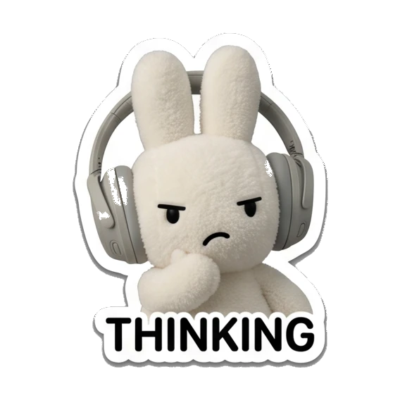 Bunny looking thoughtful with hand on chin saying THINKING Music Loving Bunny sticker for expressive chats and social replies.