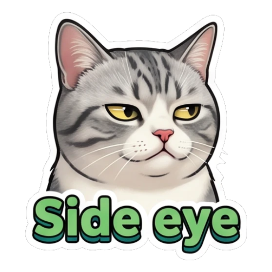 Skeptical tabby cat giving a side eye with text Side eye Expressive Tabby Cat sticker for expressive chats and social replies.