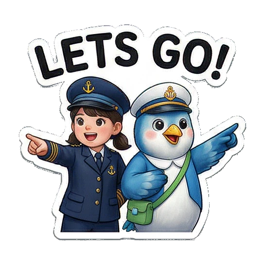 展现伙伴情谊的贴纸 Little Captain & Blue Bird Duo sticker for expressive chats and social replies.
