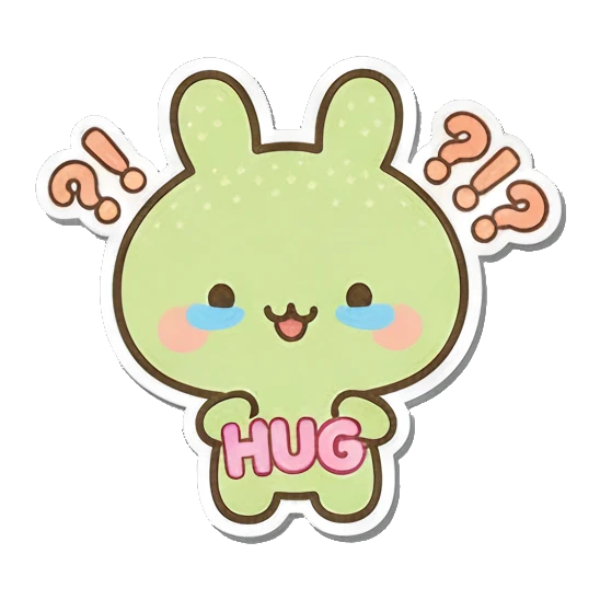 Hug bunny with question marks Minty Bunny Moods sticker for expressive chats and social replies.