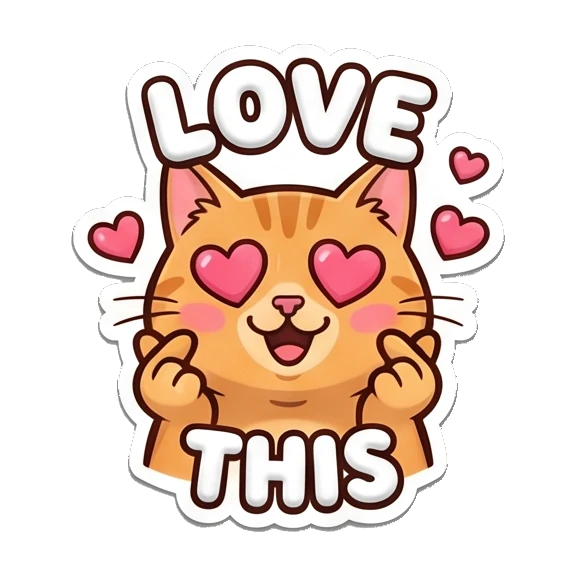 Loving orange cat with heart eyes and finger hearts, text LOVE THIS Puffy Orange Cat Moods sticker for expressive chats and social replies.