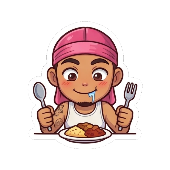 Guy eating food with a spoon and fork, drooling slightly Cool Durag Guy sticker for expressive chats and social replies.