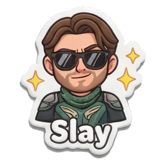 Cool hero wearing sunglasses saying Slay. Heroic Daily Vibes sticker for expressive chats and social replies.