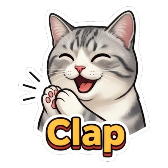 Excited tabby cat clapping paws with text Clap Expressive Tabby Cat sticker for expressive chats and social replies.
