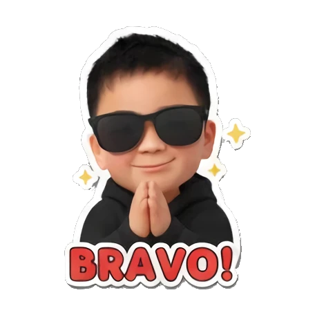 Little boy wearing sunglasses and praying with BRAVO text. Little Boy Daily Expressions sticker for expressive chats and social replies.