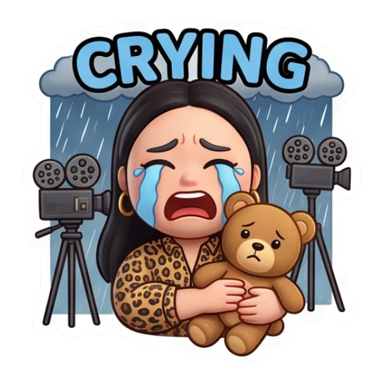 Girl crying in rain with teddy bear, camera tripod, text Crying Cinema Diva Daily Life sticker for expressive chats and social replies.