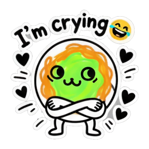 Spaghetti character looking smug with 'I'm crying' text. Spaghetti Doodle Pals sticker for expressive chats and social replies.