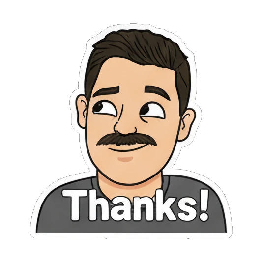 Mustache man smiling with Thanks text Mustache Man Daily Vibes sticker for expressive chats and social replies.