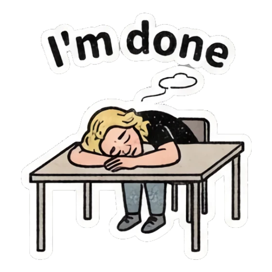 Blonde woman exhausted resting head on desk with text I'm done Retro Blonde Daily Vibes sticker for expressive chats and social replies.