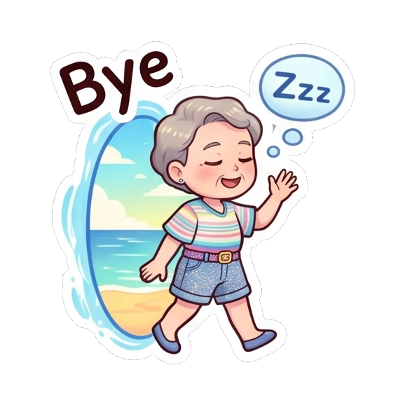 Grandma waving goodbye while walking away towards a beach scene. Cheerful Grandma Adventures sticker for expressive chats and social replies.