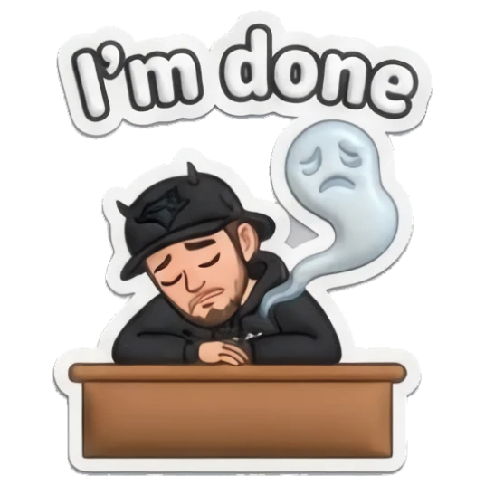 Guy resting head on desk with ghost spirit with text I'm done Custom camojis sticker for expressive chats and social replies.