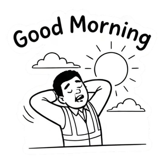 Man in safety vest sleeping under the sun with text Good Morning Working Guy Daily Vibes sticker for expressive chats and social replies.