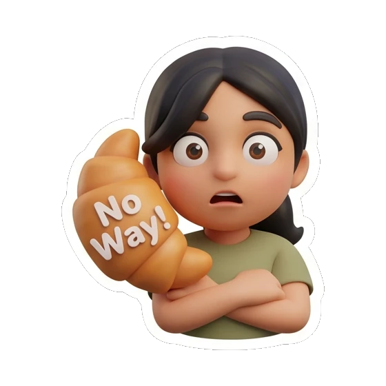 Girl holding a croissant looking shocked with No Way text. Cheerful Girl Daily Life sticker for expressive chats and social replies.