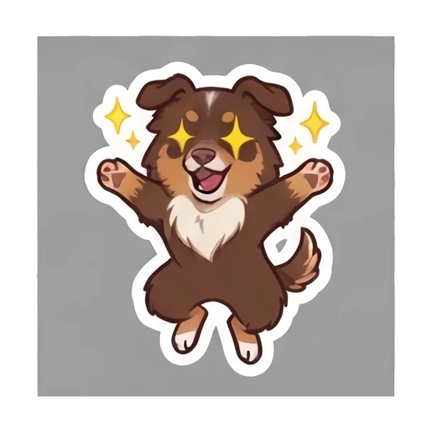 Aussie dog jumping with excitement and sparkles. Cheerful Aussie Buddy sticker for expressive chats and social replies.