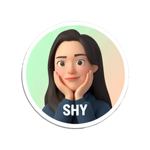 Young woman looking shy with hands on cheeks, text SHY My Daily 3D Avatar sticker for expressive chats and social replies.