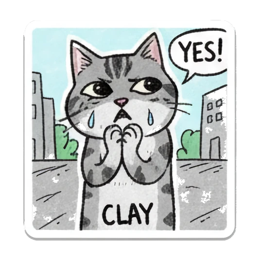 Tabby cat looking hopeful with text YES CLAY. Doodle Tabby Cat Daily sticker for expressive chats and social replies.