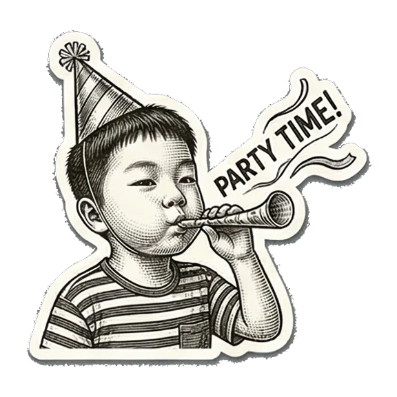 Party boy blowing horn. Little Boy's Engraved Emotions sticker for expressive chats and social replies.