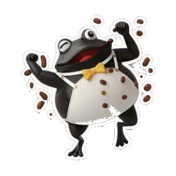 Dancing chocolate frog at a party with PARTY text Choco Froggy Adventures sticker for expressive chats and social replies.