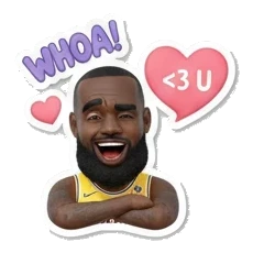 Basketball star looking amazed with hearts, WHOA text King James Expressive Moments sticker for expressive chats and social replies.