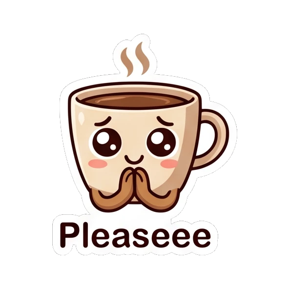 Pleading coffee cup with wide watery eyes. Cheerful Coffee Cup Pals sticker for expressive chats and social replies.
