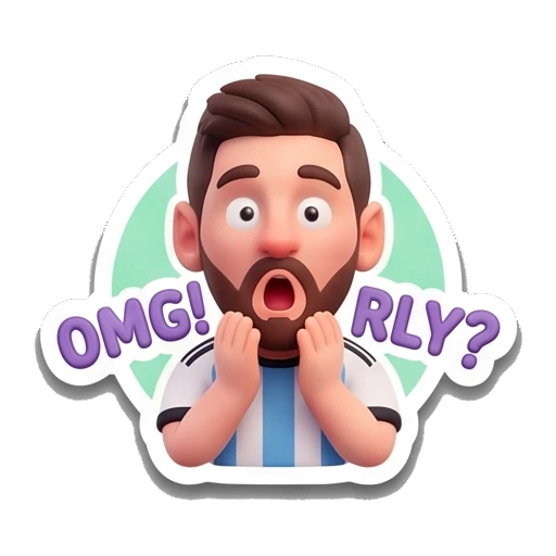 Messi character looking shocked with hands on cheeks, text 'OMG! RLY?' Messimotes: Pure Emotion sticker for expressive chats and social replies.