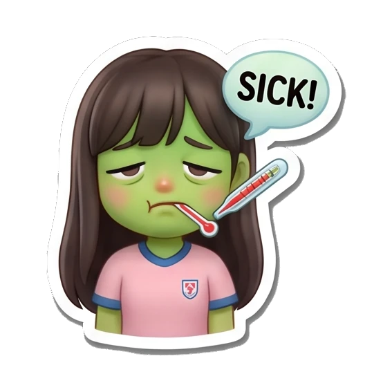 Girl with green face and thermometer with SICK text, ill expression Soccer Girl Daily Life sticker for expressive chats and social replies.