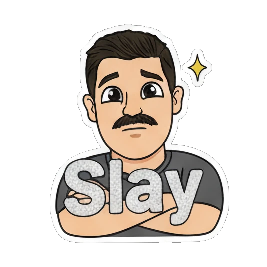 Mustache man looking confident with Slay text Mustache Man Daily Vibes sticker for expressive chats and social replies.