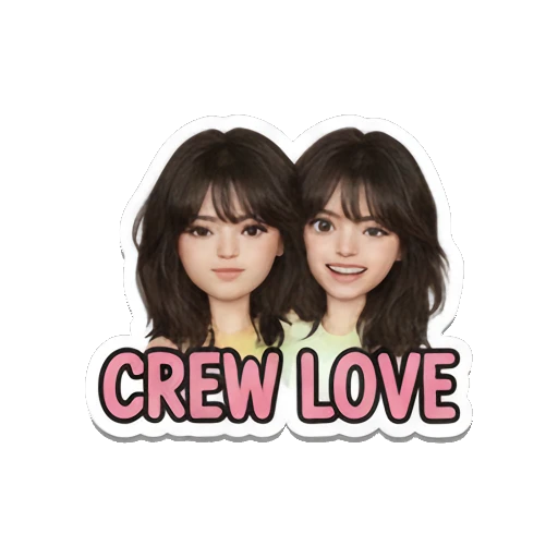 Two girls smiling together, happy, text 'CREW LOVE' Music Festival Girl sticker for expressive chats and social replies.
