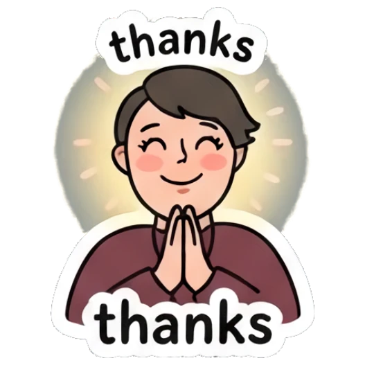 Grateful person with hands together and 'thanks' text. Daily Moods of a Cool Student sticker for expressive chats and social replies.