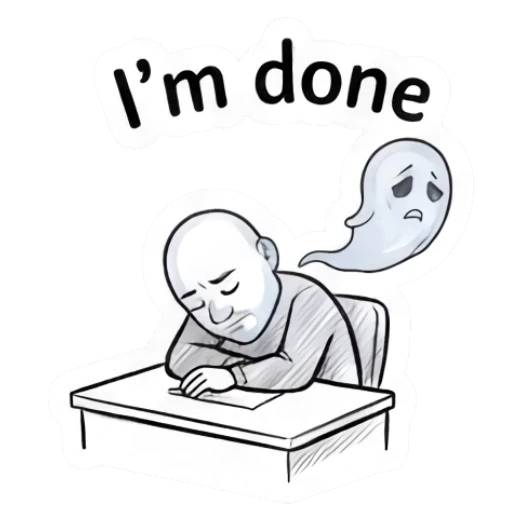 Bald man resting his head on a desk with a ghost floating above, I'm done. Bald Guy Daily Vibes sticker for expressive chats and social replies.