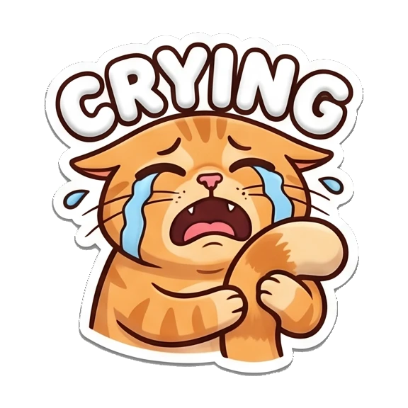 Crying orange cat holding its tail, text CRYING Puffy Orange Cat Moods sticker for expressive chats and social replies.