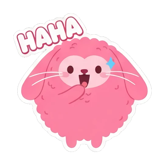 Pink bunny laughing heartily with 'HAHA' text. Pink Fluffy Bunny Emotions sticker for expressive chats and social replies.