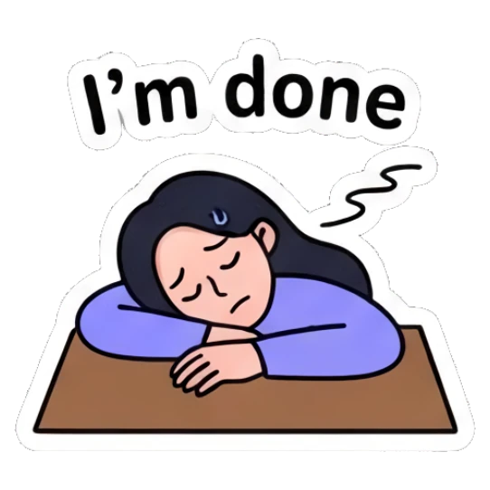 Girl resting head on table looking exhausted, text I'm done Daily Life of a Trendy Girl sticker for expressive chats and social replies.