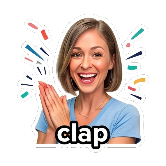 Woman clapping hands enthusiastically, text 'clap' Daily Life Expressions sticker for expressive chats and social replies.